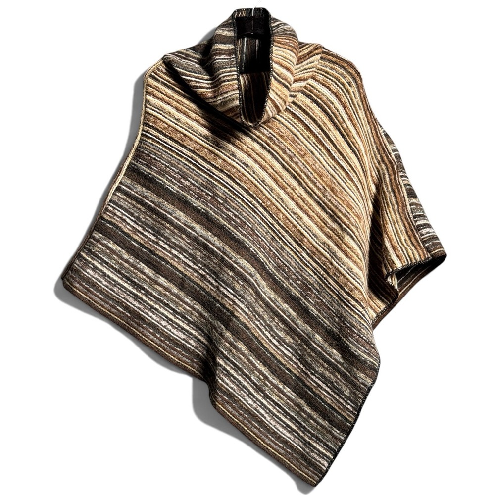 Poncho Sweater Earth Tones Stripe Cowl Neck Boho Asymmetrical Oversized Draped